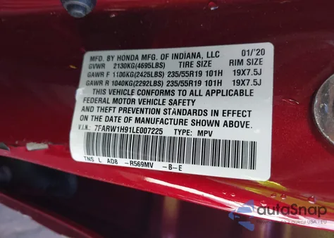 2020 Honda Cr-V 2Wd Touring из США, поврежденный, VIN 7FARW1H91LE007225